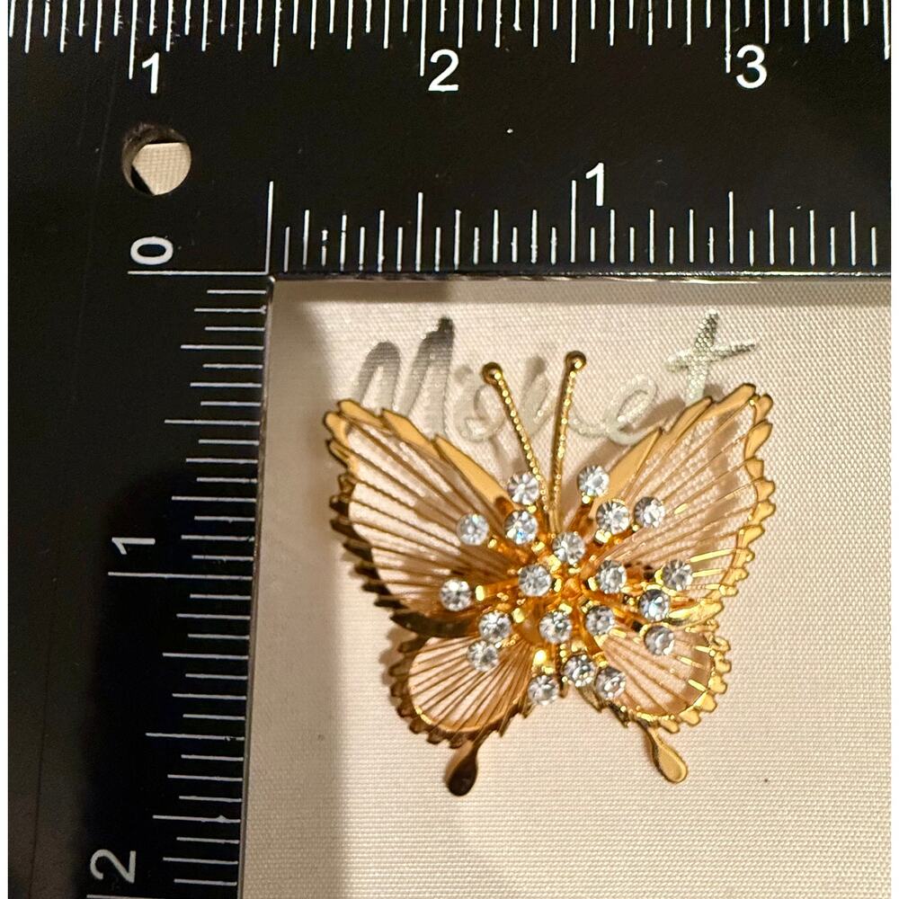 Vintage Signed Monet Gold Tone Rhinestone Butterfly Brooch NIB